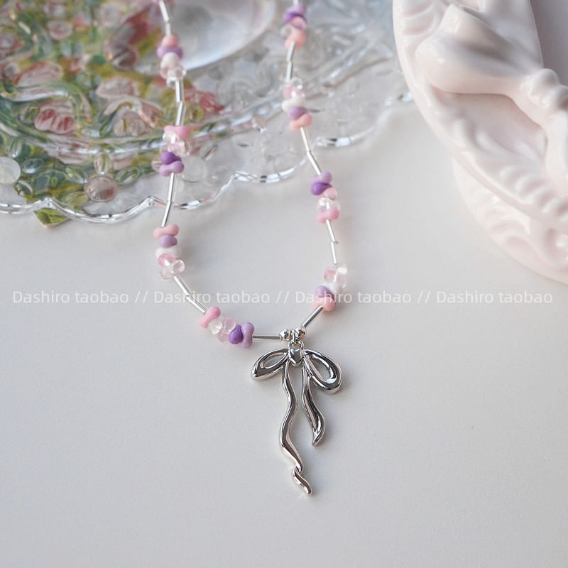Irregular Necklace Bow Pendant Beaded