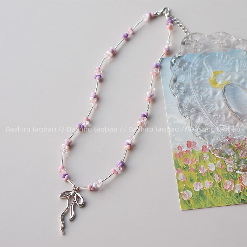 Irregular Necklace Bow Pendant Beaded