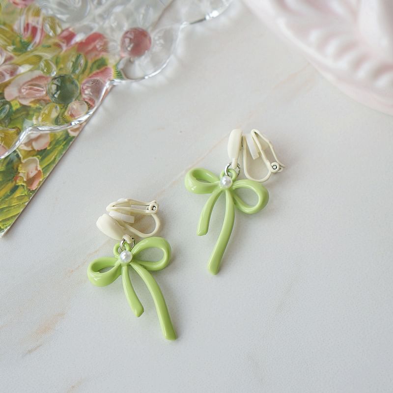 / Earring Pearl Bow Heart Drop Clip-On Faux