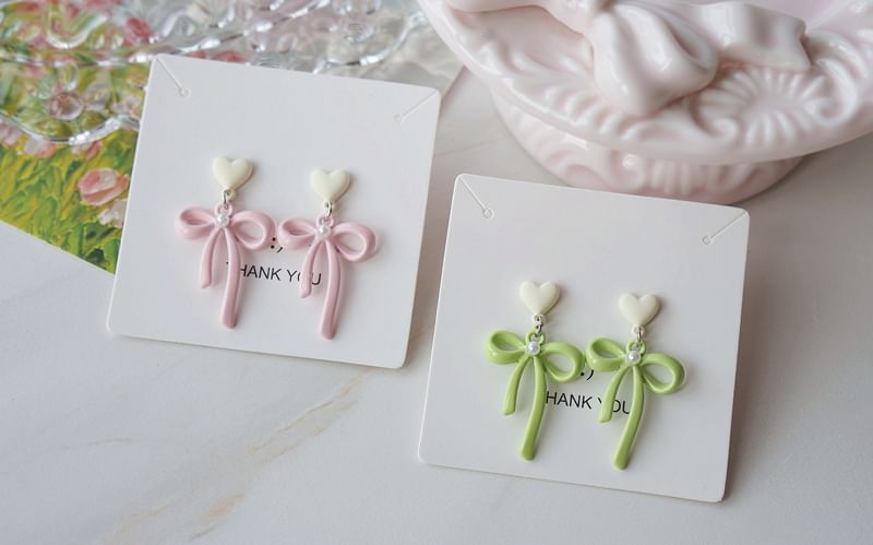 / Earring Pearl Bow Heart Drop Clip-On Faux