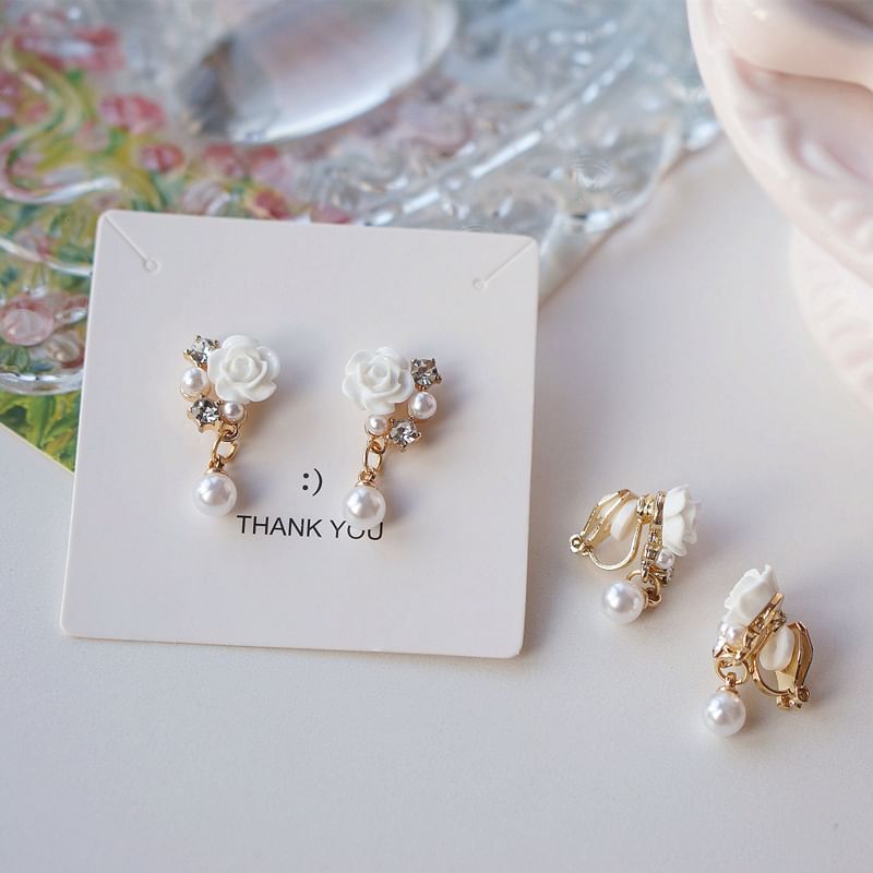 Faux Earring Pearl Rhinestone Clip-On / Drop Floral
