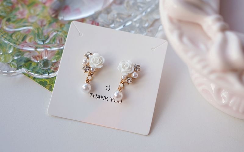 Faux Earring Pearl Rhinestone Clip-On / Drop Floral