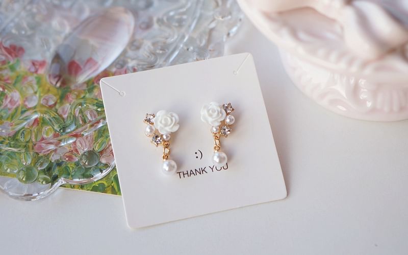 Faux Earring Pearl Rhinestone Clip-On / Drop Floral