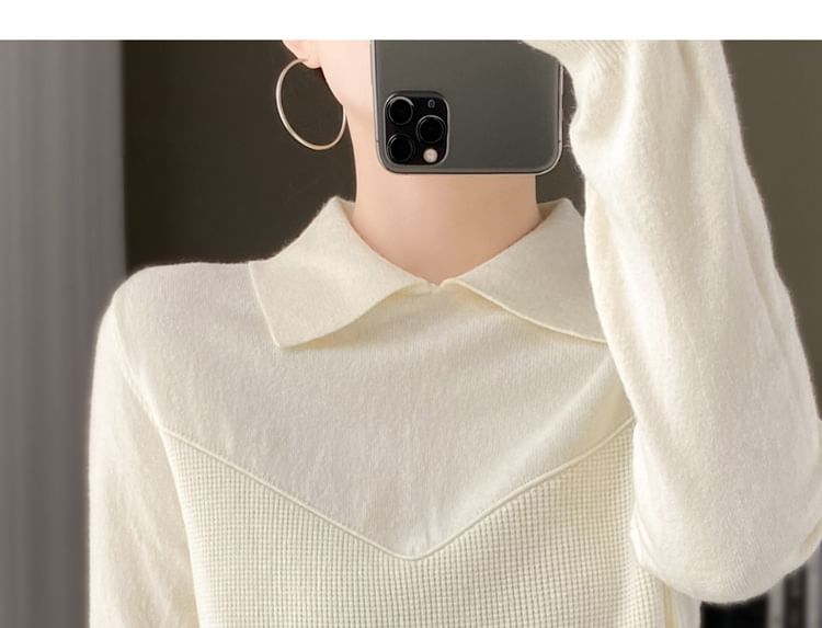 Long Sleeve Collared Plain Knit Top