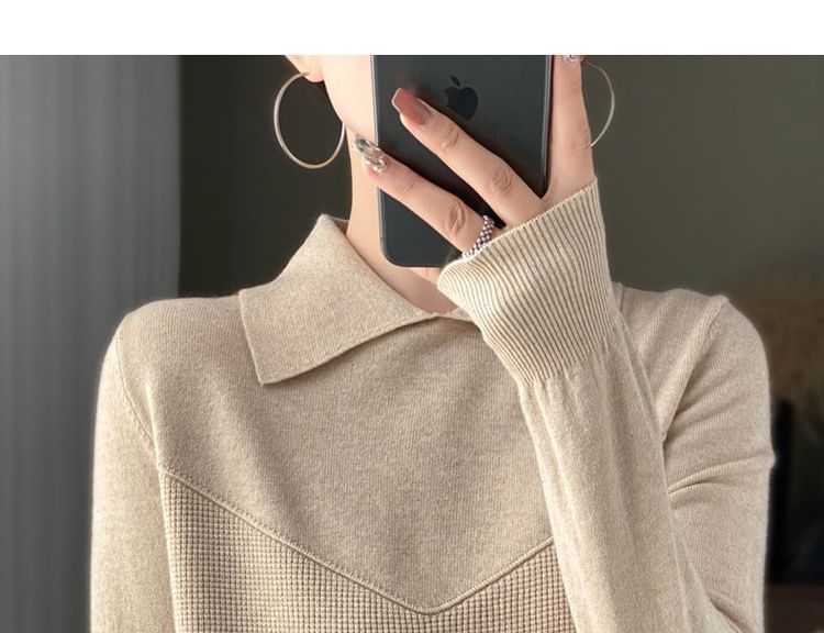 Long Sleeve Collared Plain Knit Top