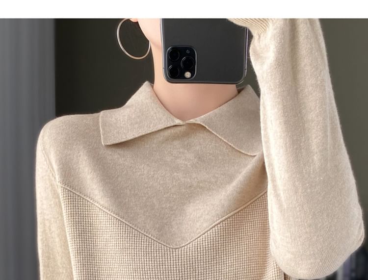 Long Sleeve Collared Plain Knit Top