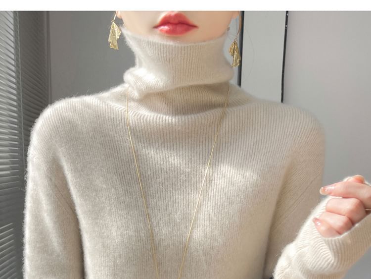Turtleneck Long Sleeve Plain Ribbed Knit Sweater