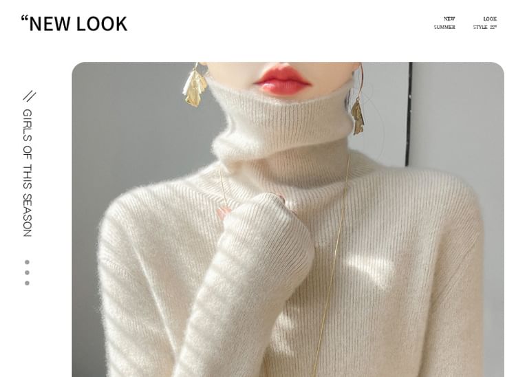 Turtleneck Long Sleeve Plain Ribbed Knit Sweater