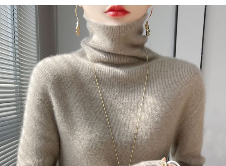 Turtleneck Long Sleeve Plain Ribbed Knit Sweater