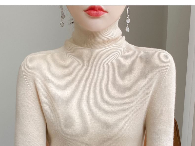 Long Sleeve Turtleneck Plain Ribbed Knit Top