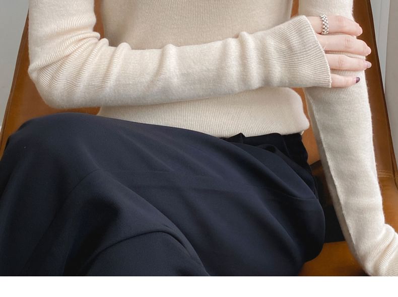 Long Sleeve Turtleneck Plain Ribbed Knit Top