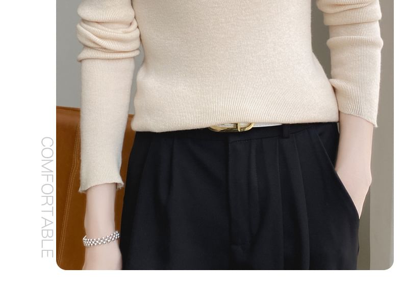 Long Sleeve Turtleneck Plain Ribbed Knit Top