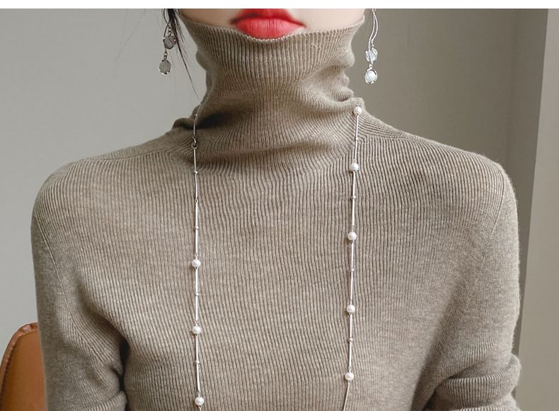 Long Sleeve Turtleneck Plain Ribbed Knit Top