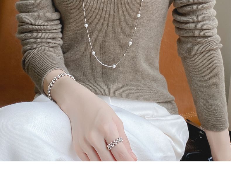 Long Sleeve Turtleneck Plain Ribbed Knit Top