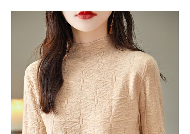 Long-Sleeve Mock Neck Plain Geometric Patterned Knit Top