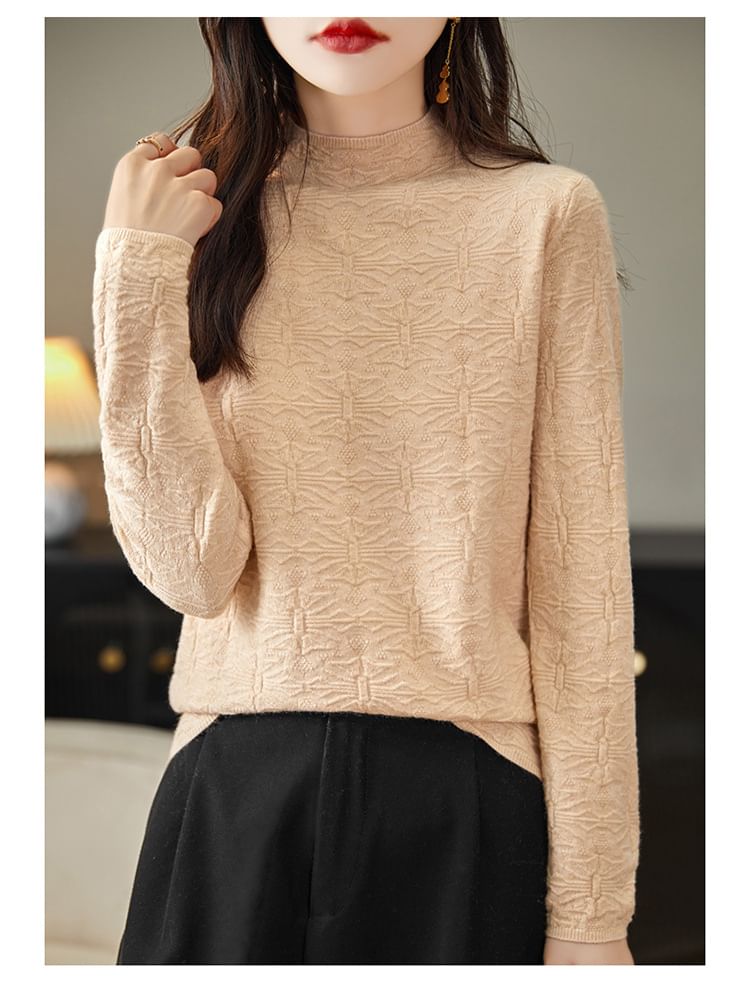 Long-Sleeve Mock Neck Plain Geometric Patterned Knit Top