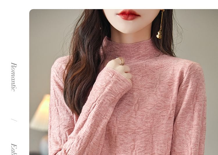 Long-Sleeve Mock Neck Plain Geometric Patterned Knit Top