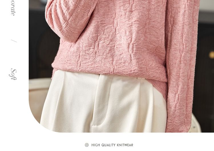 Long-Sleeve Mock Neck Plain Geometric Patterned Knit Top