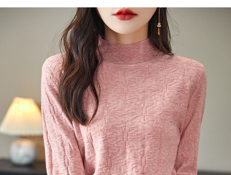 Long-Sleeve Mock Neck Plain Geometric Patterned Knit Top