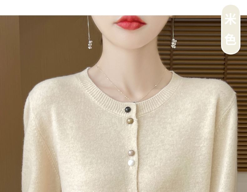 Round Neck Plain Button Up Knit Cardigan