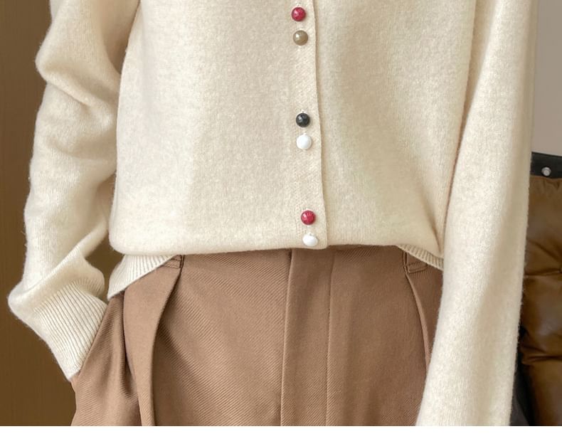 Round Neck Plain Button Up Knit Cardigan