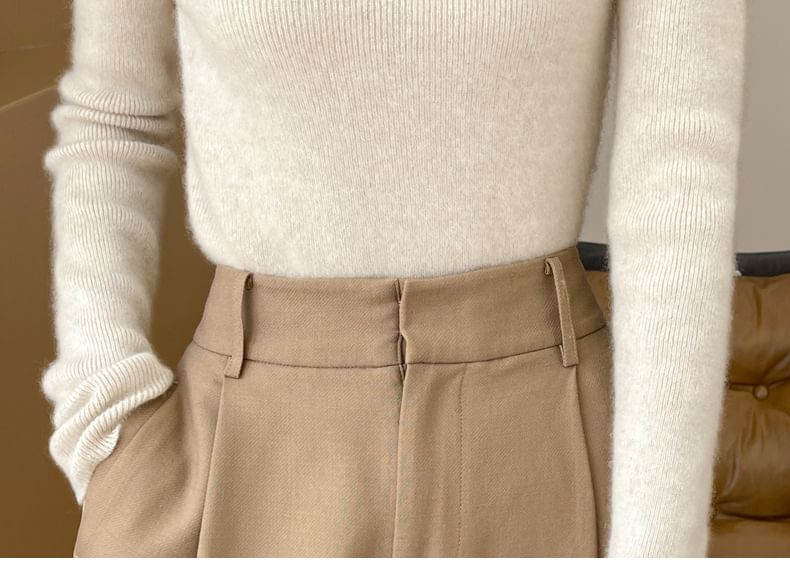 Mock Neck Plain Ribbed Knit Sweater