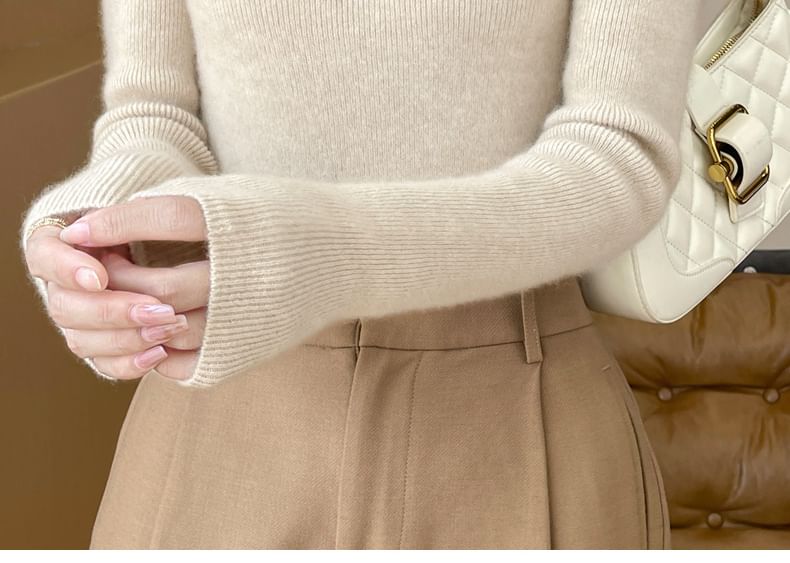 Mock Neck Plain Ribbed Knit Sweater