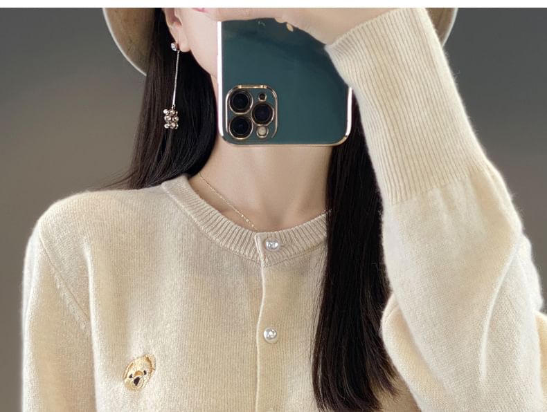 Round Neck Dog Embroidered Faux Pearl Button Cardigan