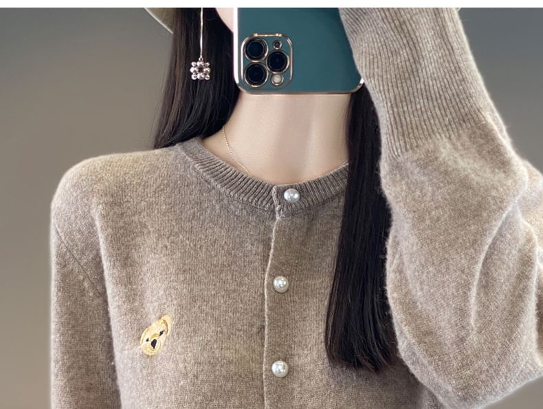 Round Neck Dog Embroidered Faux Pearl Button Cardigan