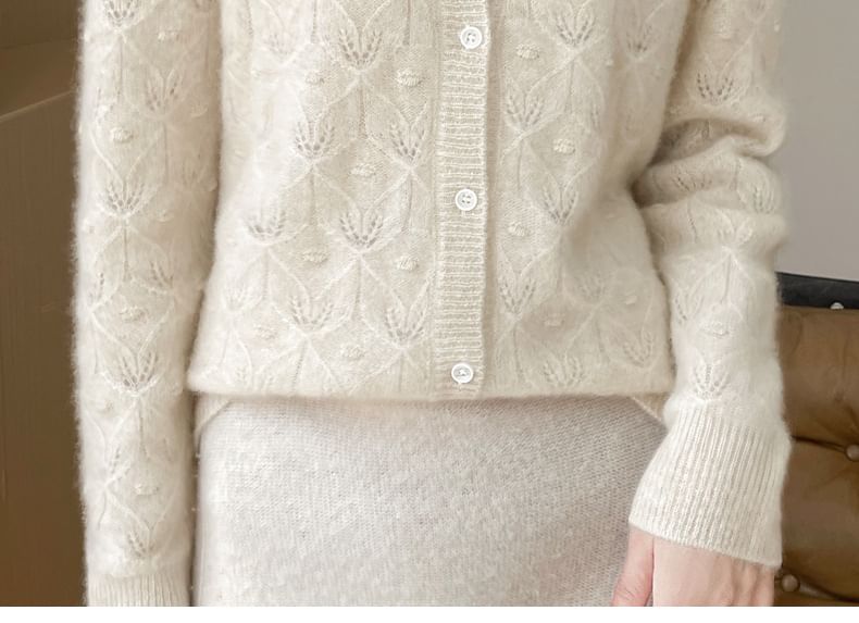 Round Neck Long Sleeve Pointelle Cropped Cardigan