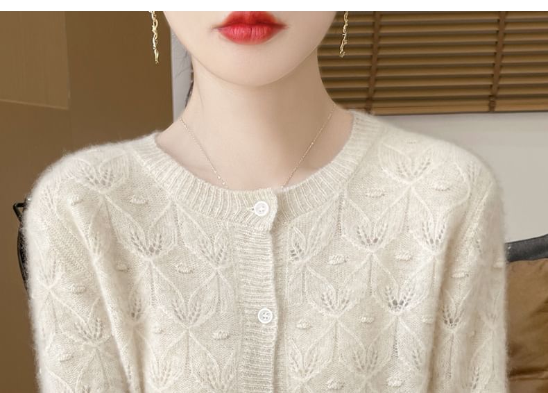 Round Neck Long Sleeve Pointelle Cropped Cardigan