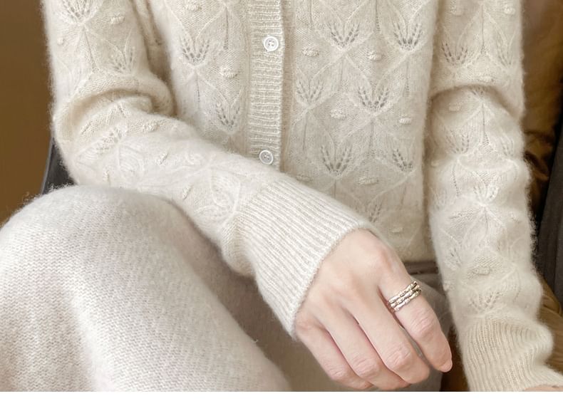 Round Neck Long Sleeve Pointelle Cropped Cardigan