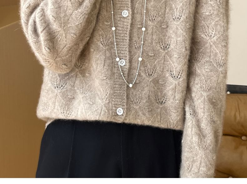 Round Neck Long Sleeve Pointelle Cropped Cardigan