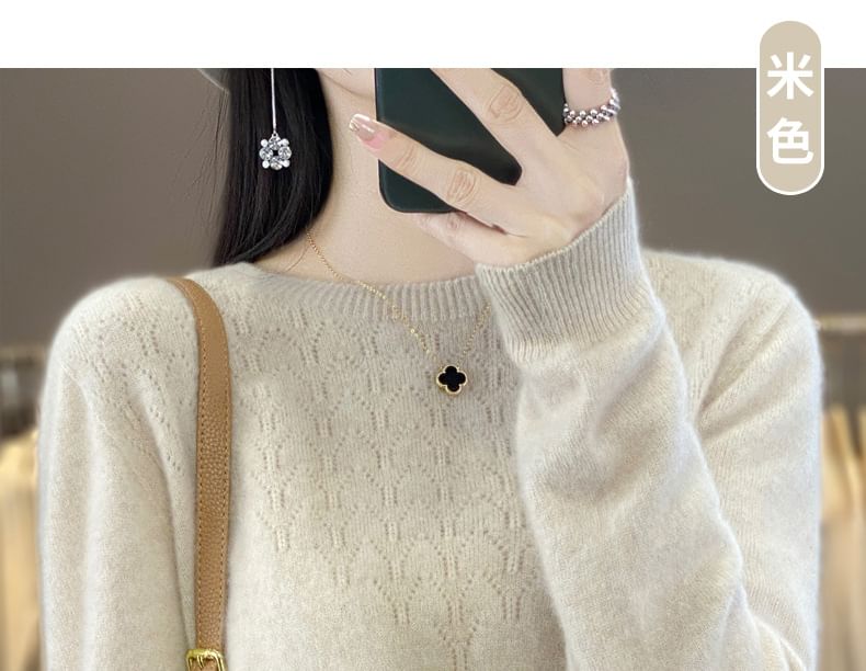 Crew Neck Long Sleeve Plain Pointelle Knitted Sweater