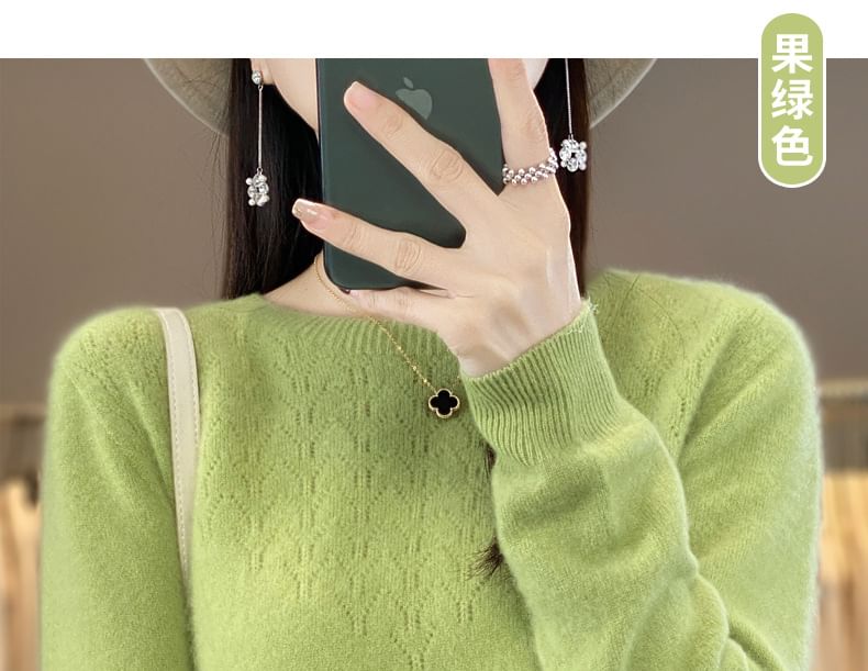 Crew Neck Long Sleeve Plain Pointelle Knitted Sweater