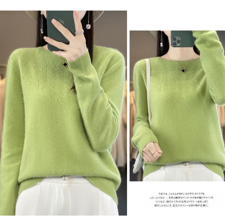 Crew Neck Long Sleeve Plain Pointelle Knitted Sweater