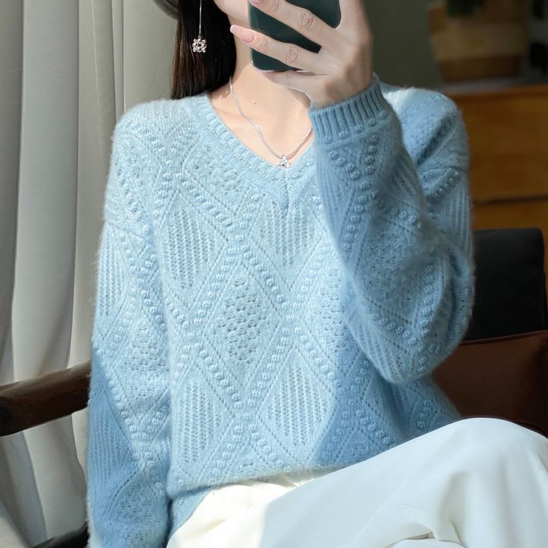 V-Neck Plain Diamond Patterned Sweater