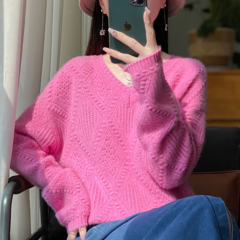 V-Neck Plain Diamond Patterned Sweater