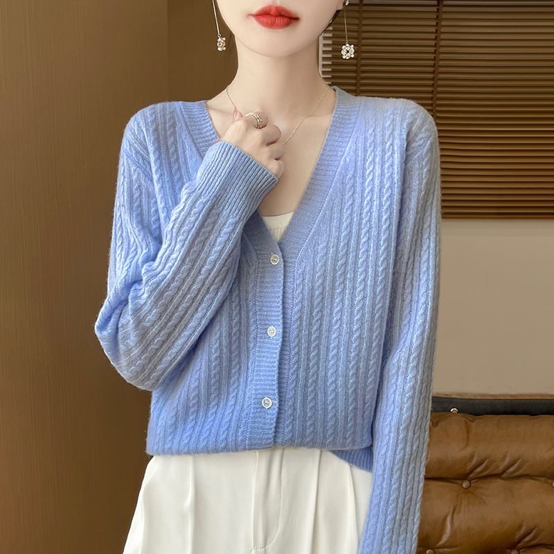 V-Neck Plain Cable Knitted Cardigan
