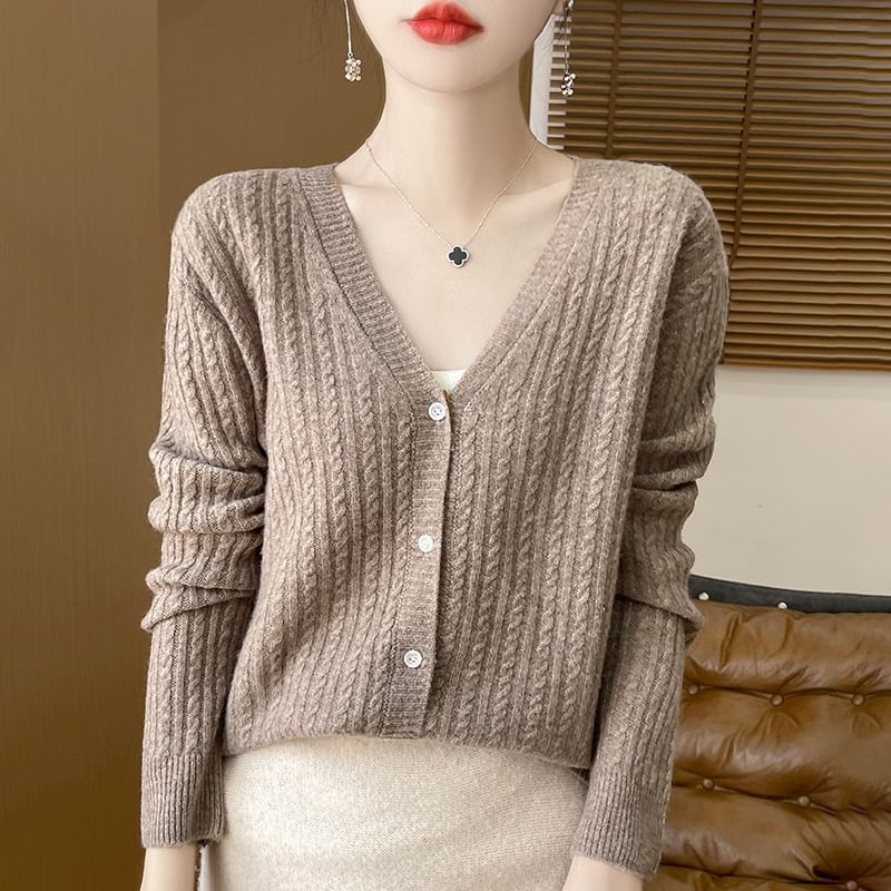 V-Neck Plain Cable Knitted Cardigan