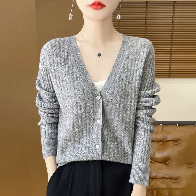 V-Neck Plain Cable Knitted Cardigan