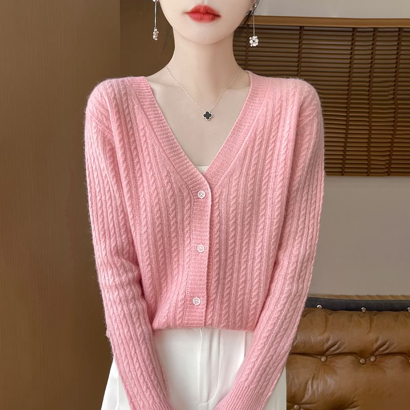 V-Neck Plain Cable Knitted Cardigan