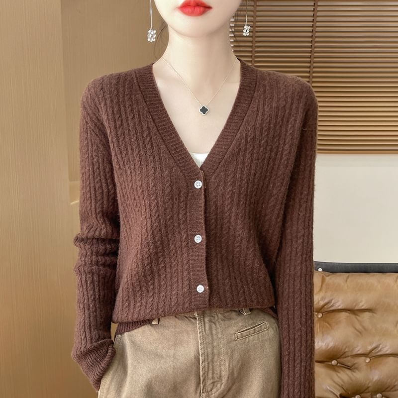 V-Neck Plain Cable Knitted Cardigan