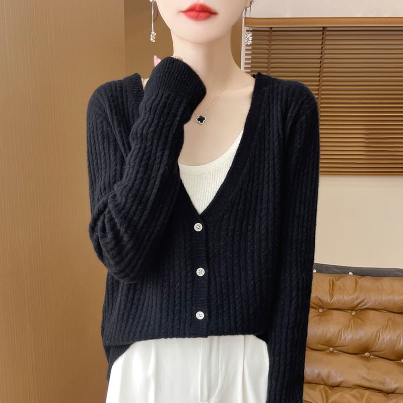 V-Neck Plain Cable Knitted Cardigan