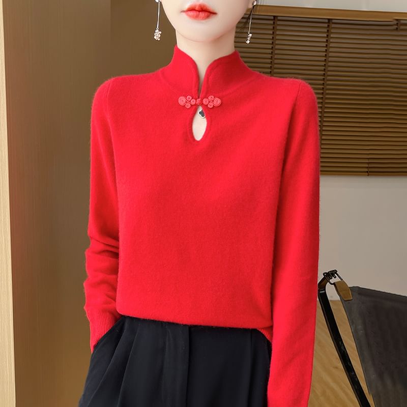 Long Sleeve Mock Neck Keyhole Plain Sweater