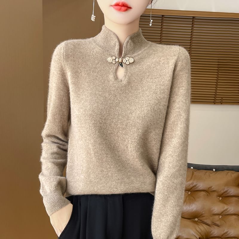 Long Sleeve Mock Neck Keyhole Plain Sweater