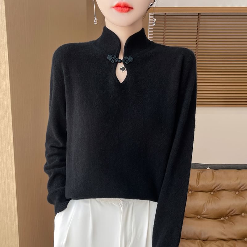 Long Sleeve Mock Neck Keyhole Plain Sweater