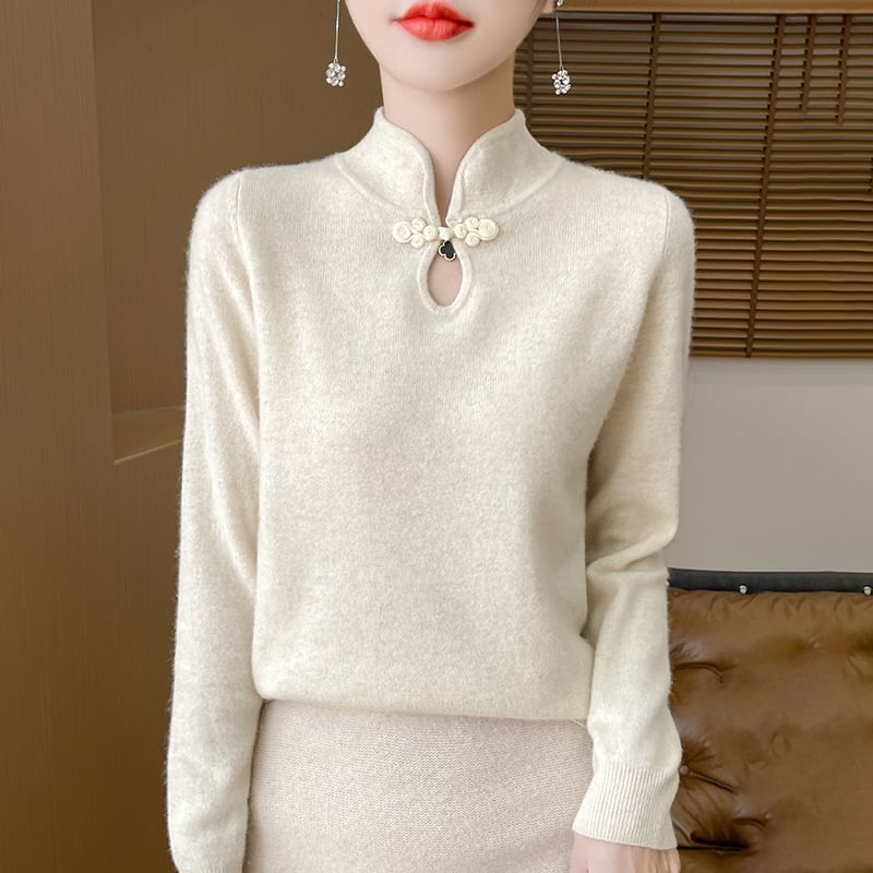 Long Sleeve Mock Neck Keyhole Plain Sweater
