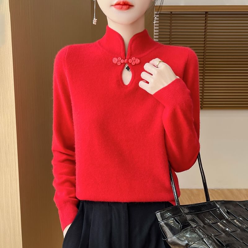 Long Sleeve Mock Neck Keyhole Plain Sweater