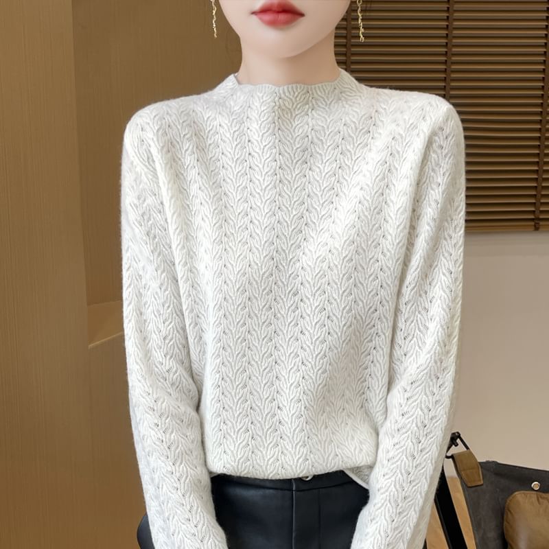 Mock Neck Plain Pointelle Embossed Knitted Sweater